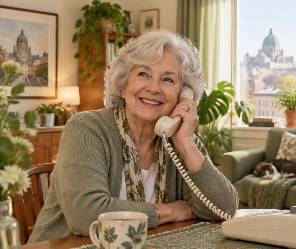 A smiling senior woman talking on her landline telephone in a sunlit living room at home